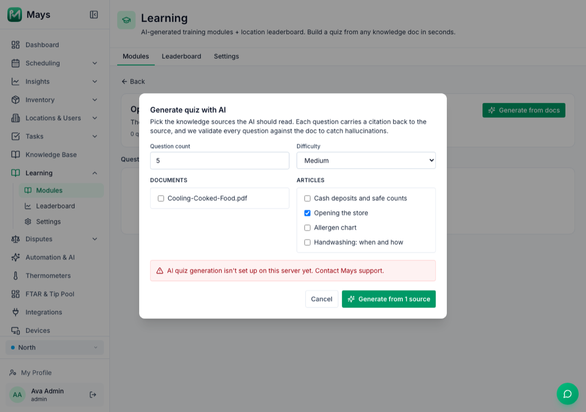 The Generate quiz with AI window with the article Opening the store ticked and, above the Cancel and Generate from 1 source buttons, a red message: AI quiz generation isn't set up on this server yet. Contact Mays support.