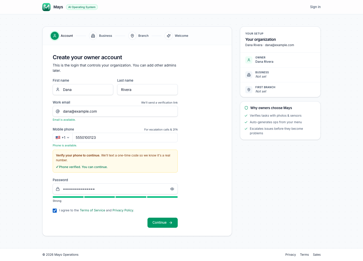 The Create your owner account step filled in, with the phone verified, a strong password and the terms box ticked