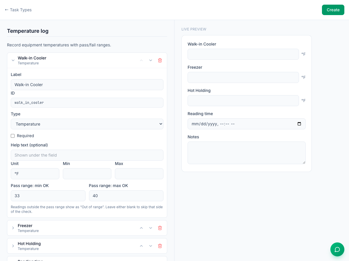 The task type builder with the Temperature log preset: the Walk-in Cooler field opened with its Label, ID, Type Temperature, Required, Help text, Unit °F and a pass range of 33 to 40, the other fields listed below, and the Live preview of the form on the right