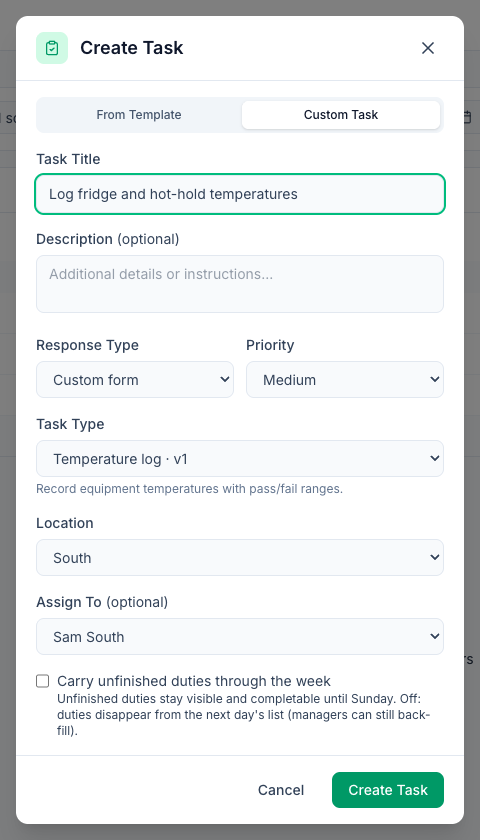 The Create Task window on the web: Custom Task, the title Log fridge and hot-hold temperatures, Response Type Custom form, Task Type Temperature log · v1, Location South and Assign To Sam South