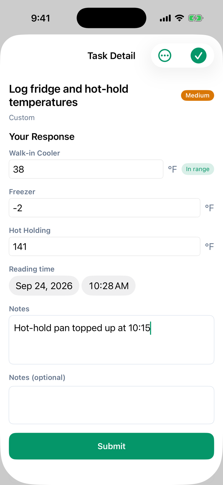 A custom form in the iPhone app: the task Log fridge and hot-hold temperatures with Walk-in Cooler 38 °F marked In range, Freezer -2 °F, Hot Holding 141 °F, the Reading time, a note, and the Submit button