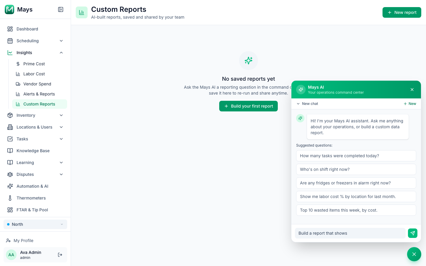 The Custom Reports page with No saved reports yet and the Build your first report button, and the Mays AI panel open next to it with Build a report that shows typed into the question box