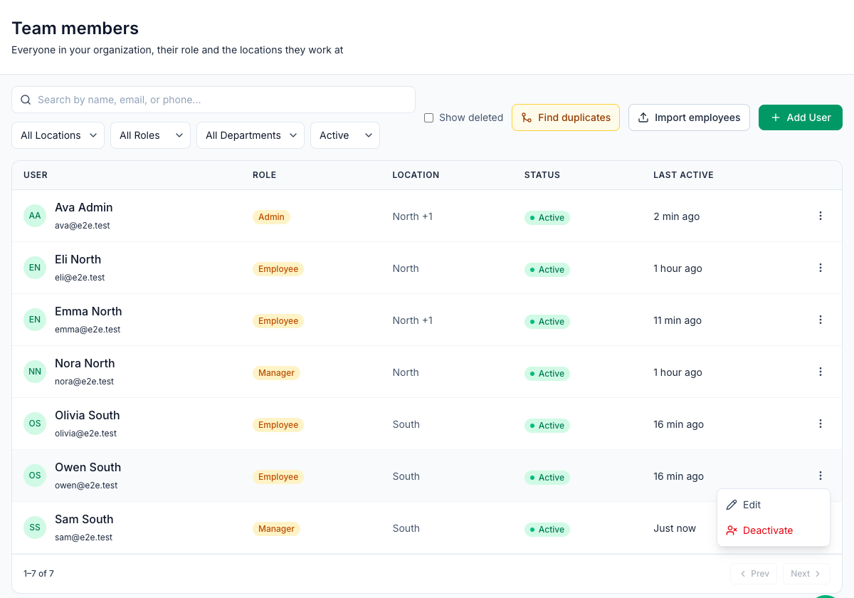 The Team members page with the Show deleted box, the location, role, department and Active status filters, and the menu of Owen South's row open with Edit and Deactivate
