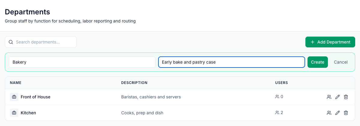 The Departments page with a new row being added: the name Bakery, the description Early bake and pastry case and the Create button, above the Front of House and Kitchen departments with their descriptions and number of users