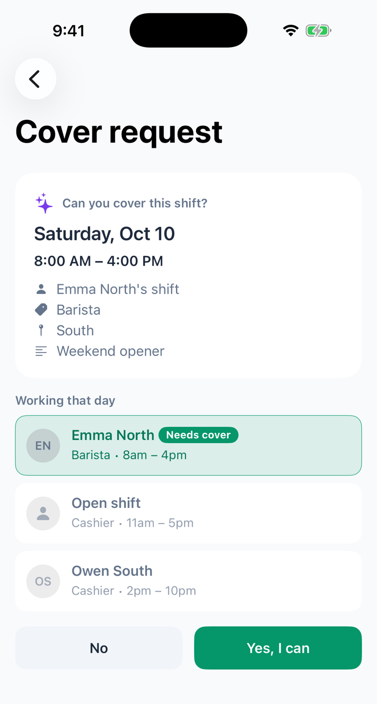 The Cover request screen on iPhone: Can you cover this shift? Saturday, Oct 10, 8:00 AM – 4:00 PM, Emma North's shift, Barista, South, Weekend opener; Working that day lists Emma North with a Needs cover badge, an open Cashier shift and Owen South; and the No and Yes, I can buttons
