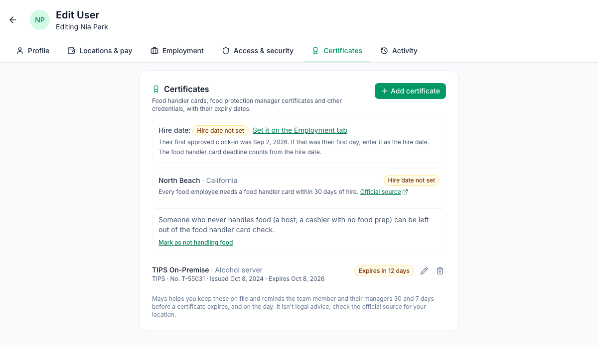 Nia Park's page on the Certificates tab: hire date not set with their first clock-in date and a Set it on the Employment tab link, the North Beach rule with its source, and an alcohol server certificate that expires in 12 days