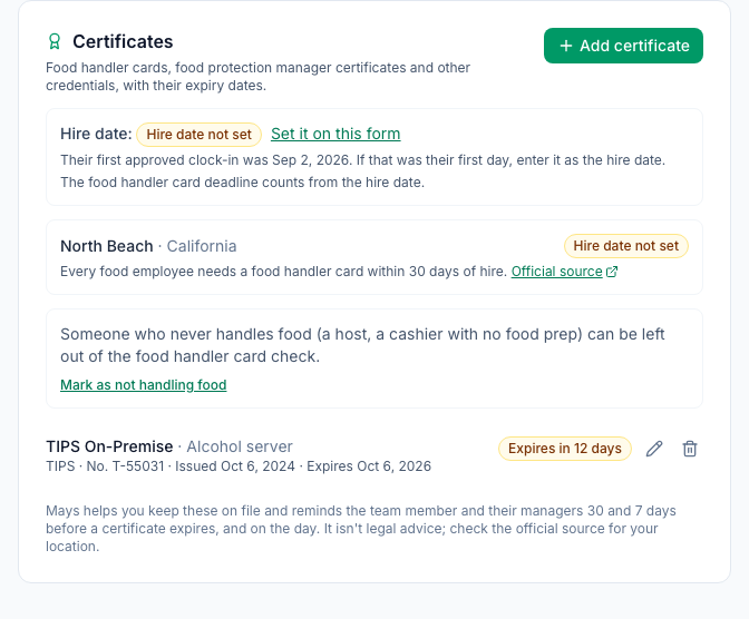A team member's Certificates section: hire date not set with their first clock-in date, the North Beach rule with its source, and an alcohol server certificate that expires in 12 days