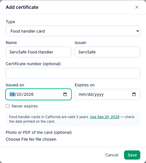 The Add certificate dialog with a food handler card issued Sep 20, 2026 and the hint that cards in California are valid 3 years