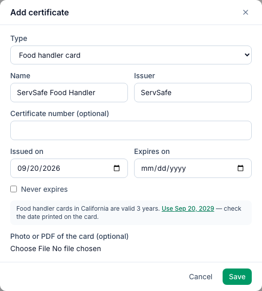 The Add certificate dialog with a food handler card issued Sep 20, 2026 and the hint that cards in California are valid 3 years