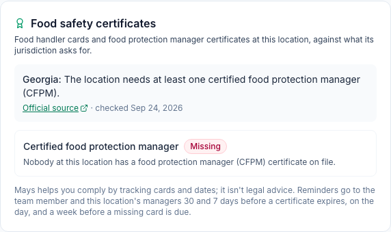 The Buckhead panel in Georgia: the location needs a certified food protection manager, and the status is Missing