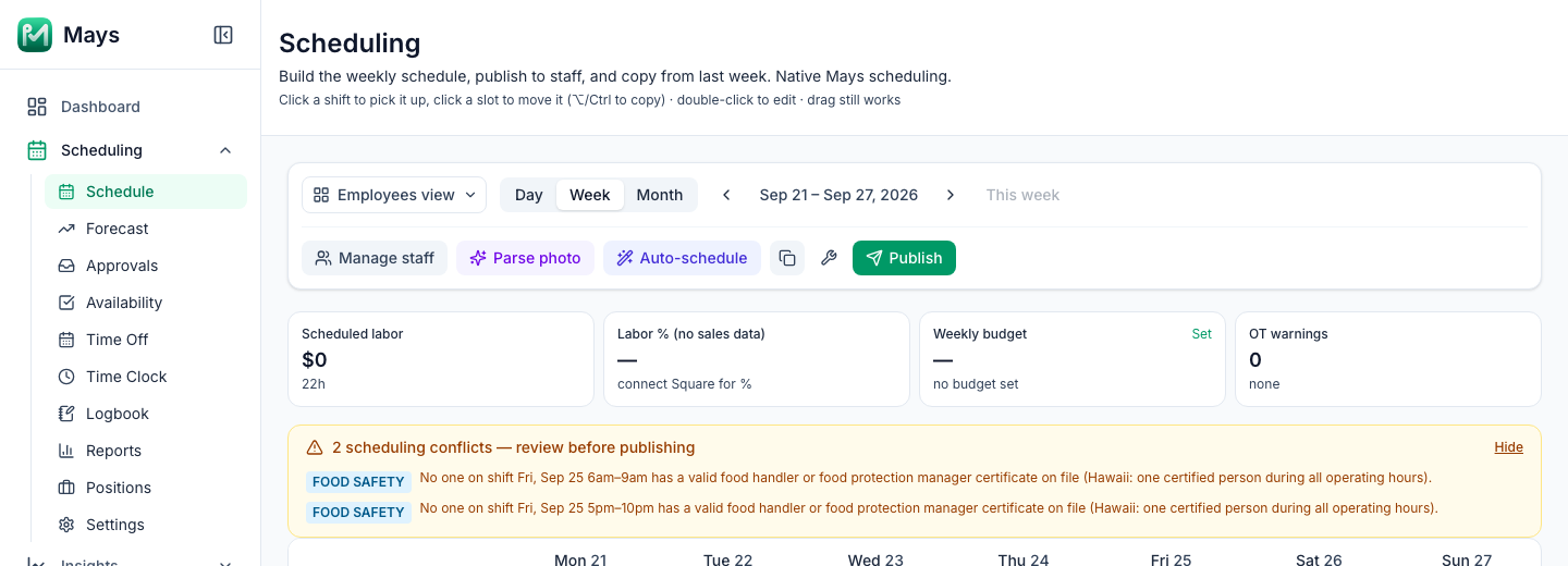 The schedule's review banner with two FOOD SAFETY rows for Friday, 6am–9am and 5pm–10pm, and the Publish button still available