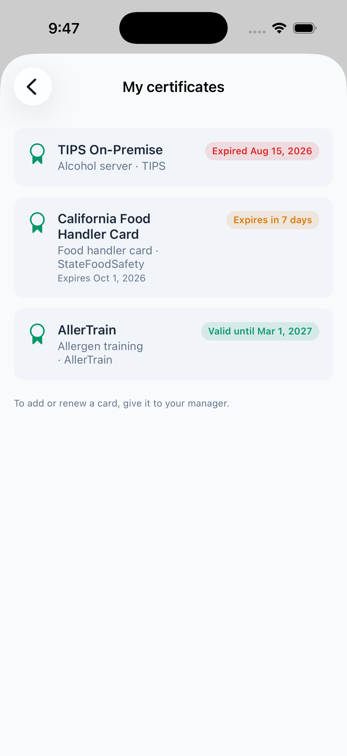 My certificates on iPhone: an expired alcohol server certificate, a food handler card that expires in 7 days and a valid allergen training certificate