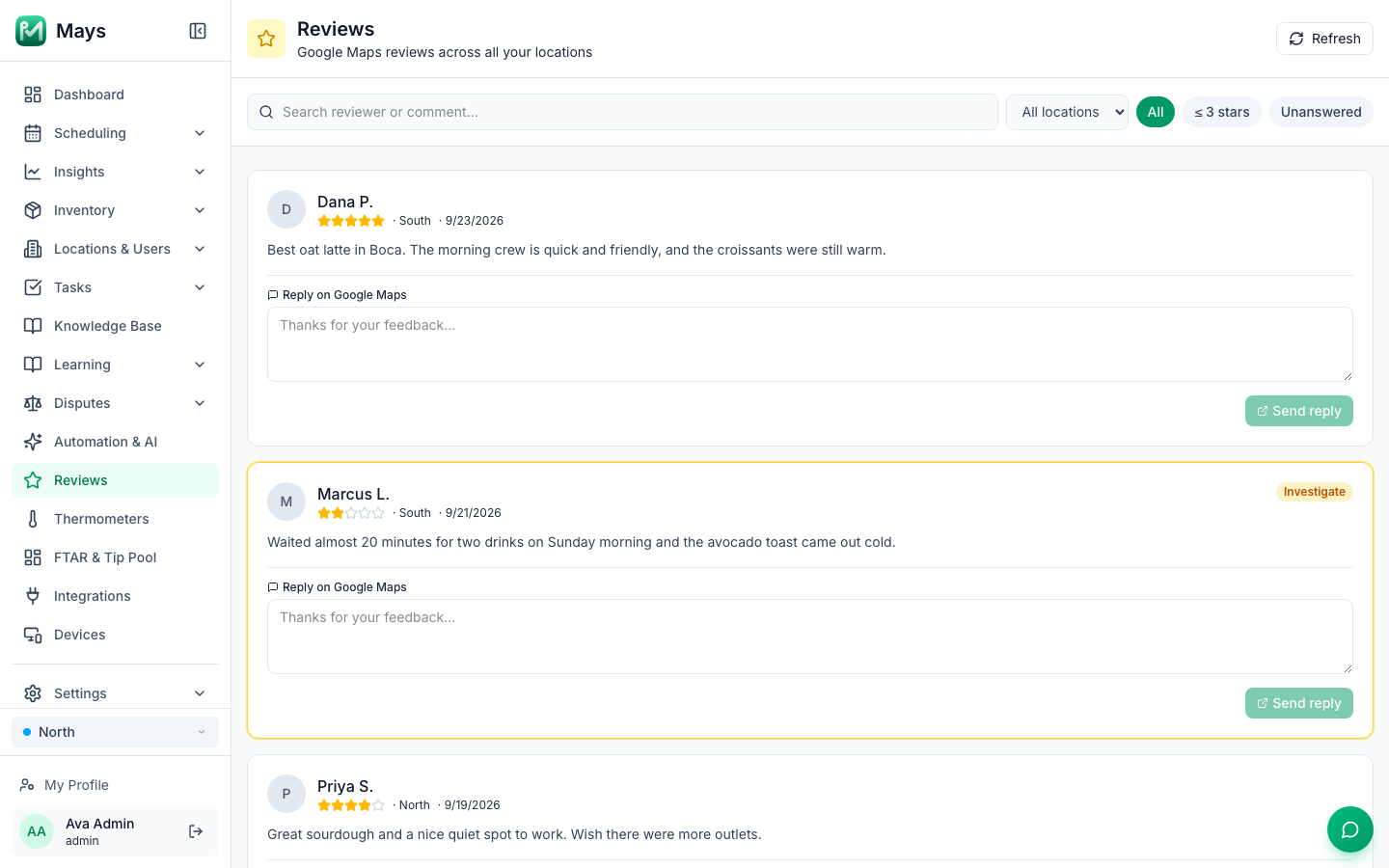 The Reviews page, Google Maps reviews across all your locations: the search box, All locations, and the All, ≤ 3 stars and Unanswered filters; a 5-star review from Dana P. at South, and a 2-star review from Marcus L. at South with a yellow border and an Investigate badge, each with a Reply on Google Maps box and a Send reply button