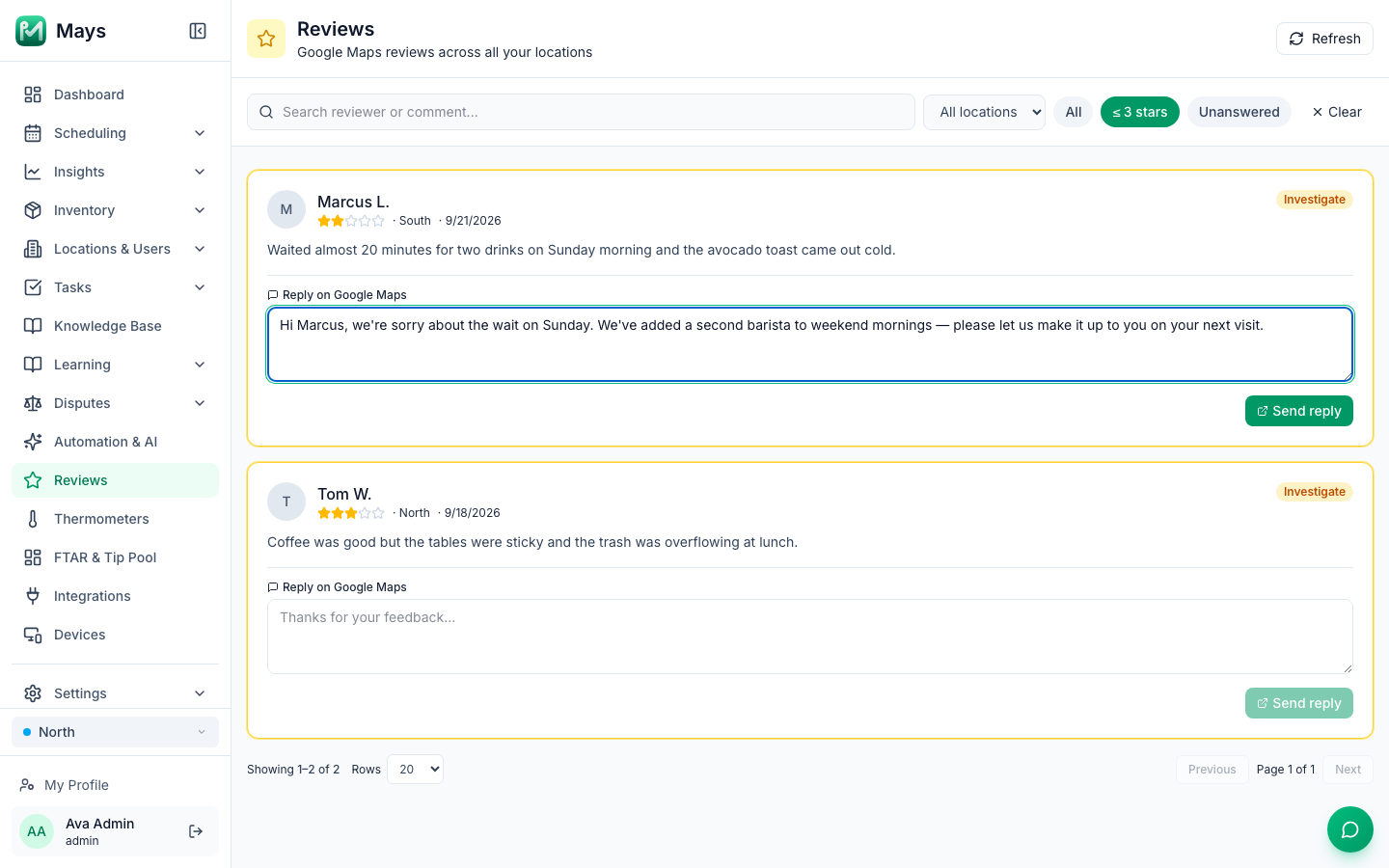 The Reviews page filtered to ≤ 3 stars: Marcus L.'s 2-star review with a reply typed in the Reply on Google Maps box and the Send reply button, and Tom W.'s 3-star review at North below it, both with the Investigate badge
