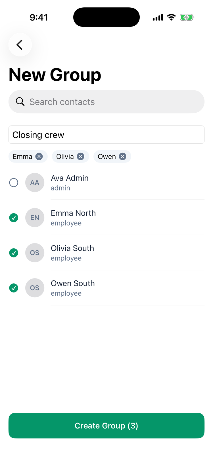 The New Group screen on iPhone: Search contacts, the group name Closing crew, the chips Emma, Olivia and Owen, the contact list with Emma North, Olivia South and Owen South ticked, and Create Group (3)
