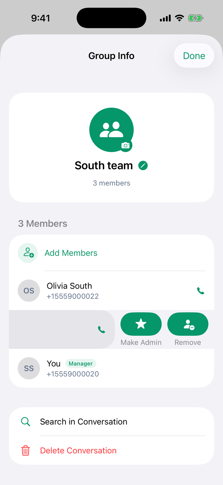 Group Info for South team on iPhone: the group photo with a camera button, the name with a pencil, 3 members, Add Members, a member row swiped left to show Make Admin and Remove, and Search in Conversation and Delete Conversation