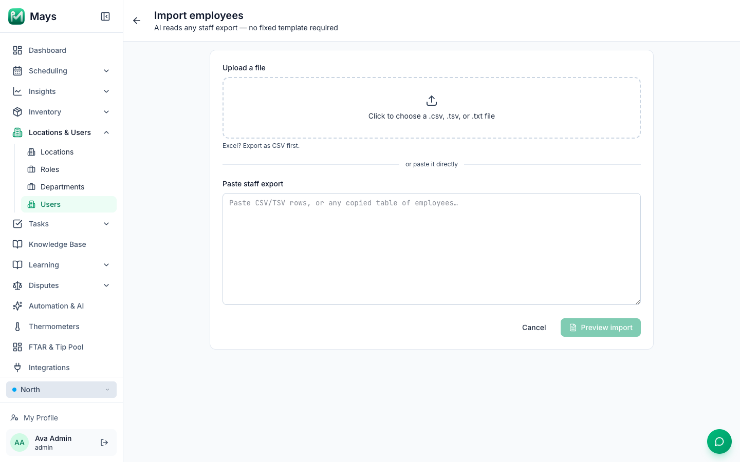 The Import employees page with the Upload a file box for .csv, .tsv or .txt files and the Paste staff export box, and the Preview import button