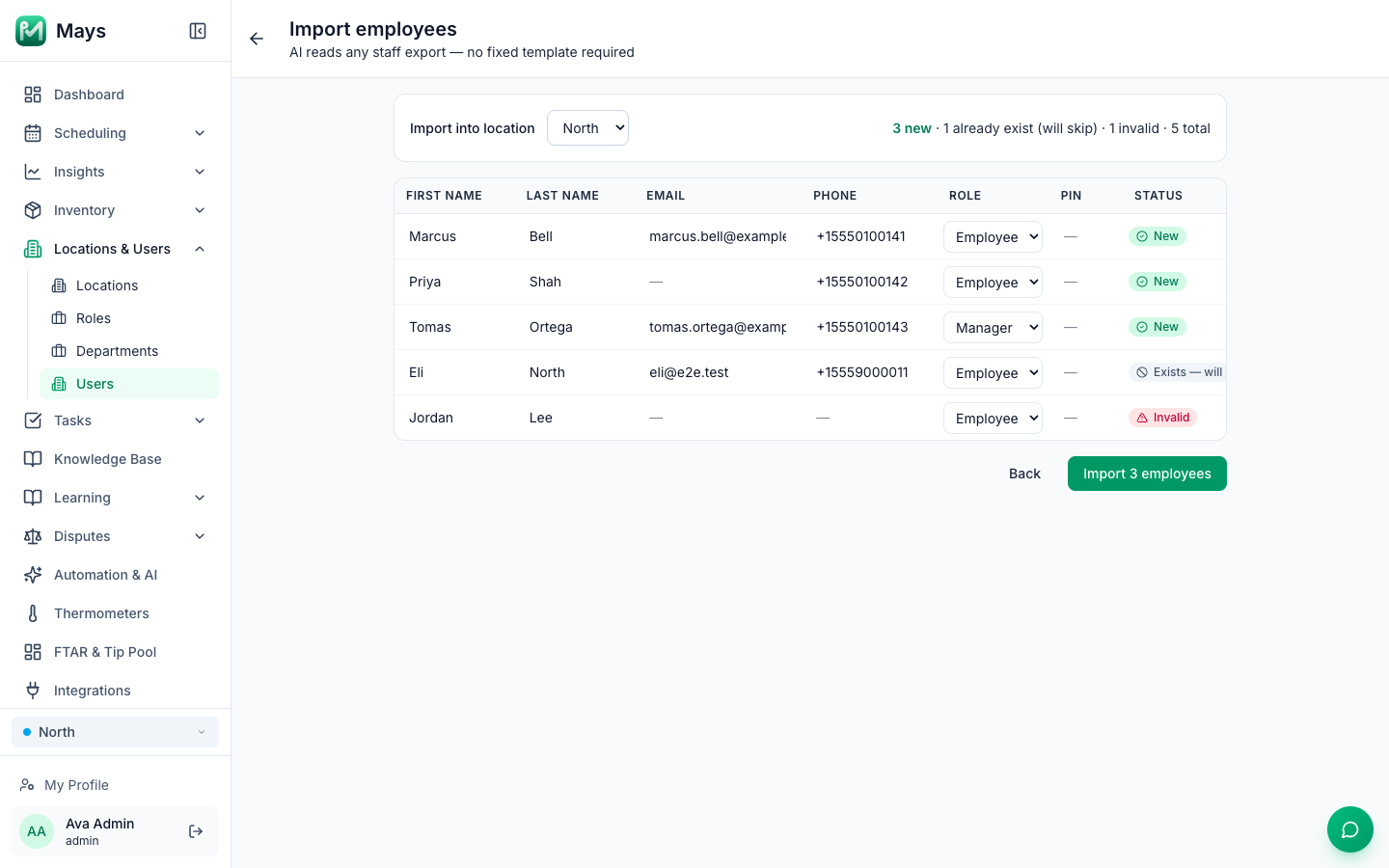 The import preview with Import into location set to North, five rows with name, email, phone, role and PIN, and statuses New, Exists — will skip and Invalid, with the Import 3 employees button