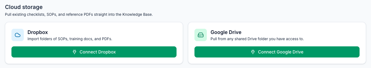 The Cloud storage section of the Integrations page, with a Dropbox card and a Connect Dropbox button, and a Google Drive card and a Connect Google Drive button
