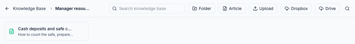 Inside the Manager resources folder: the Folder, Article, Upload, Dropbox and Drive buttons at the top of the knowledge base