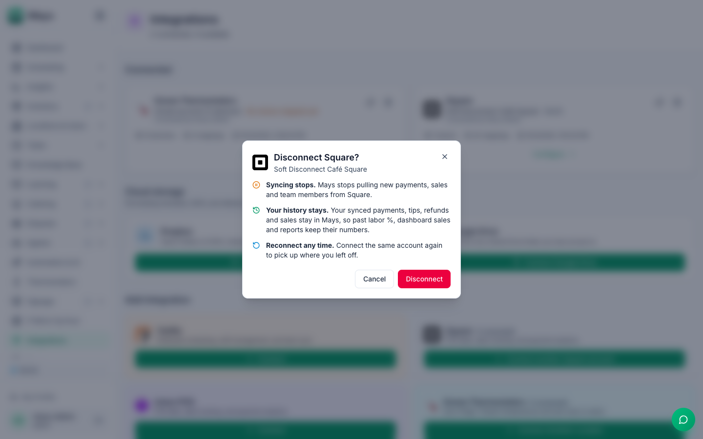 The Disconnect Square? window: Syncing stops, Mays stops pulling new payments, sales and team members from Square; Your history stays, your synced payments, tips, refunds and sales stay in Mays; Reconnect any time; with Cancel and Disconnect buttons