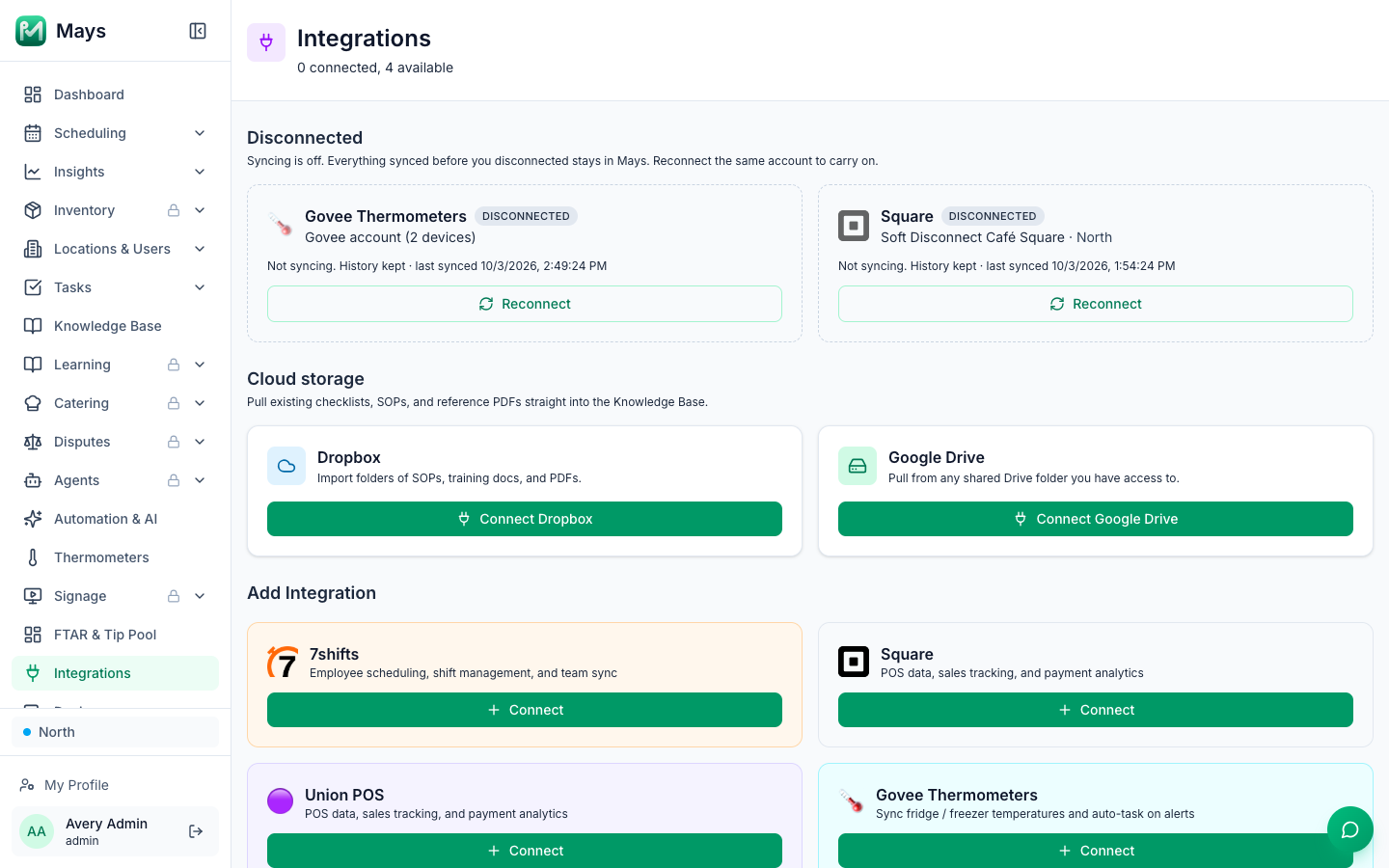 The Disconnected section of the Integrations page with a Govee Thermometers card and a Square card, each marked Disconnected, Not syncing. History kept, with the last sync time and a Reconnect button