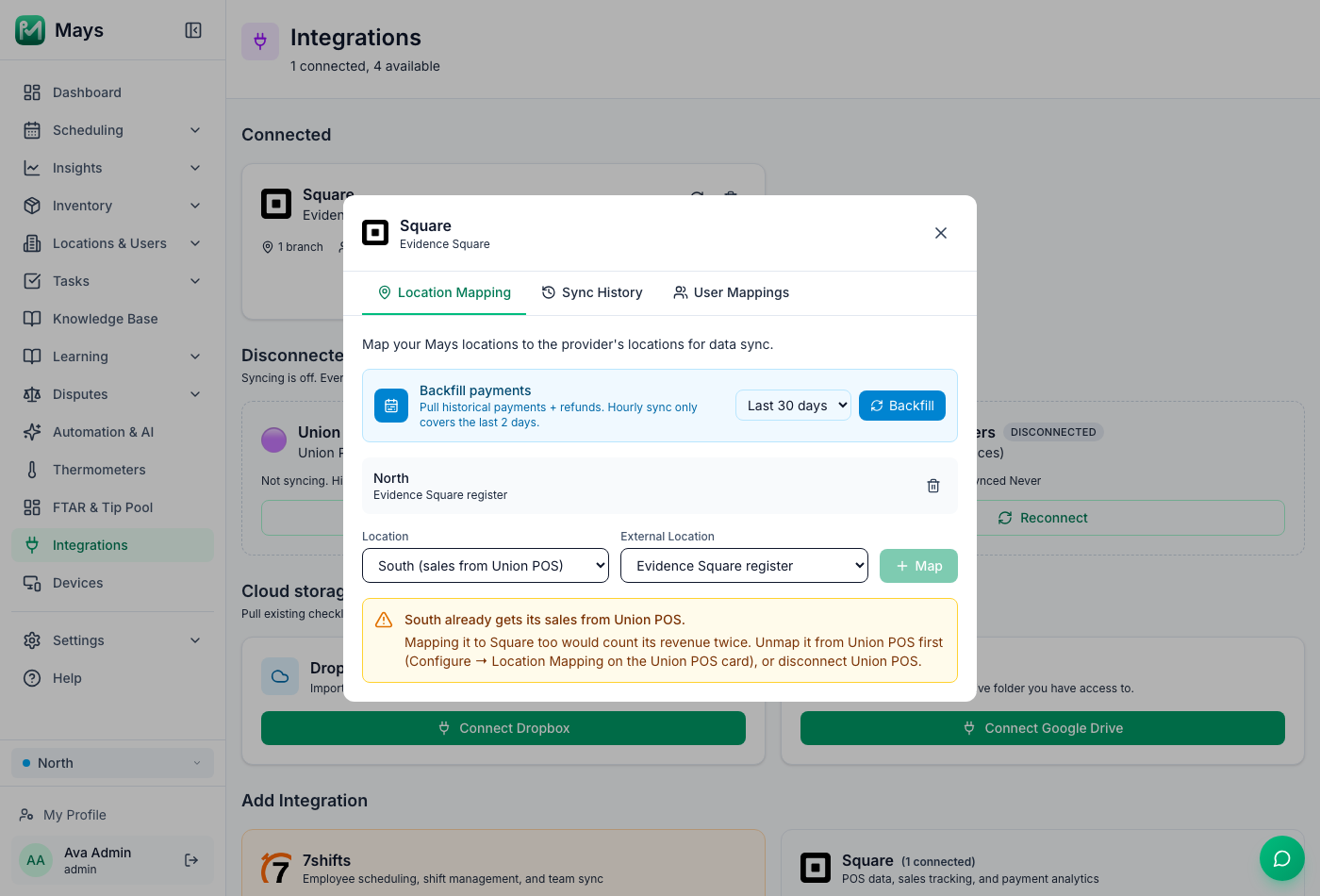 The Location Mapping tab of a Square connection: South is picked in the Location list, a warning reads South already gets its sales from Union POS. Mapping it to Square too would count its revenue twice, and the Map button is greyed out
