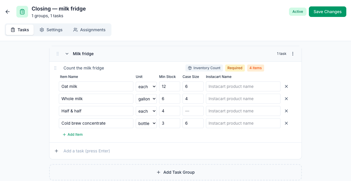A checklist template on the web with the task Count the milk fridge set to Inventory Count and 4 items open: Oat milk each, min 12, case of 6; Whole milk gallon, min 6, case of 4; Half & half each, min 4; Cold brew concentrate bottle, min 3, case of 6