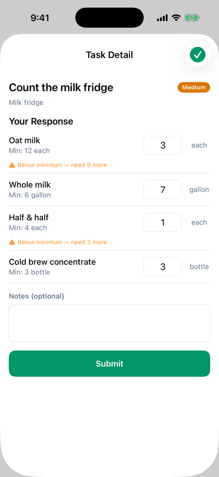 Counting the milk fridge on iPhone: Oat milk 3 against a minimum of 12 with Below minimum — need 9 more, Whole milk 7 gallons, Half & half 1 with Below minimum — need 3 more, Cold brew concentrate 3 bottles, and the Submit button