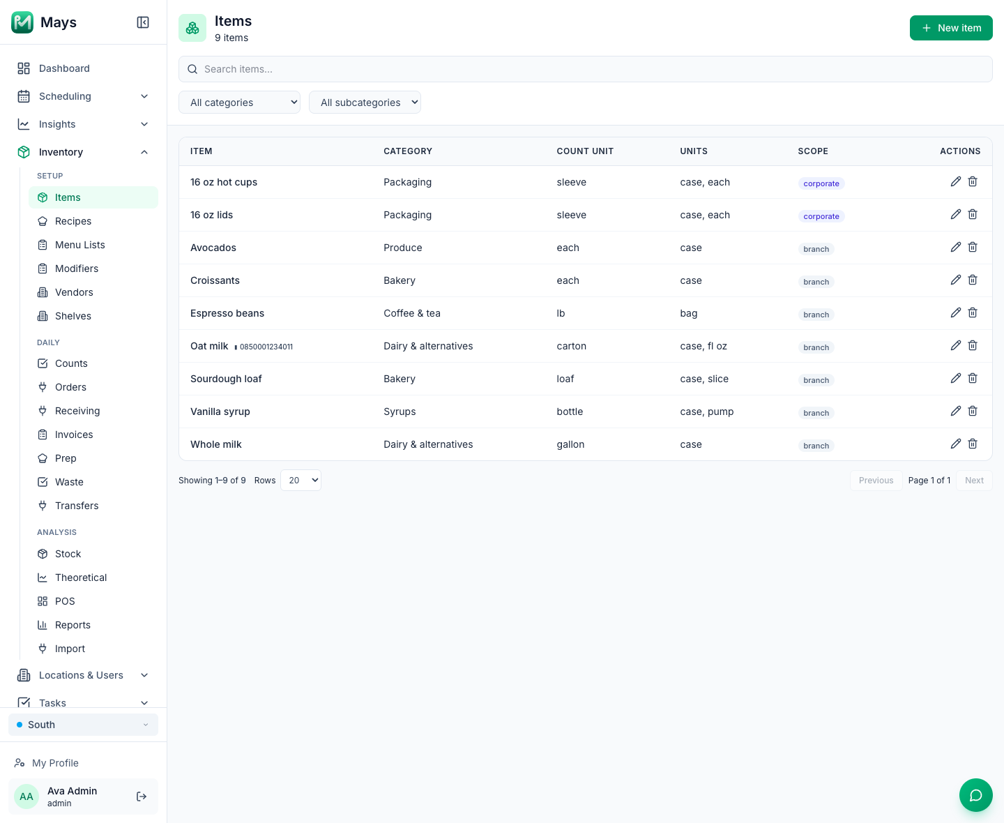 The web sidebar with Inventory open: Setup has Items, Recipes, Menu Lists, Modifiers, Vendors and Shelves; Daily has Counts, Orders, Receiving, Invoices, Prep, Waste and Transfers; Analysis has Stock, Theoretical, POS, Reports and Import. The Items page is open for the South location