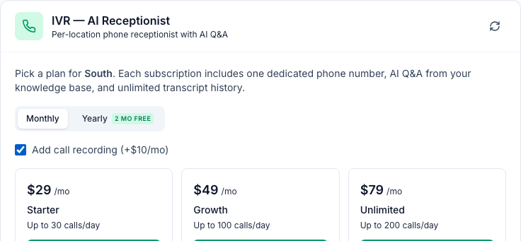 The plan picker on the IVR — AI Receptionist tab with Add call recording (+$10/mo) ticked above the Starter, Growth and Unlimited plans