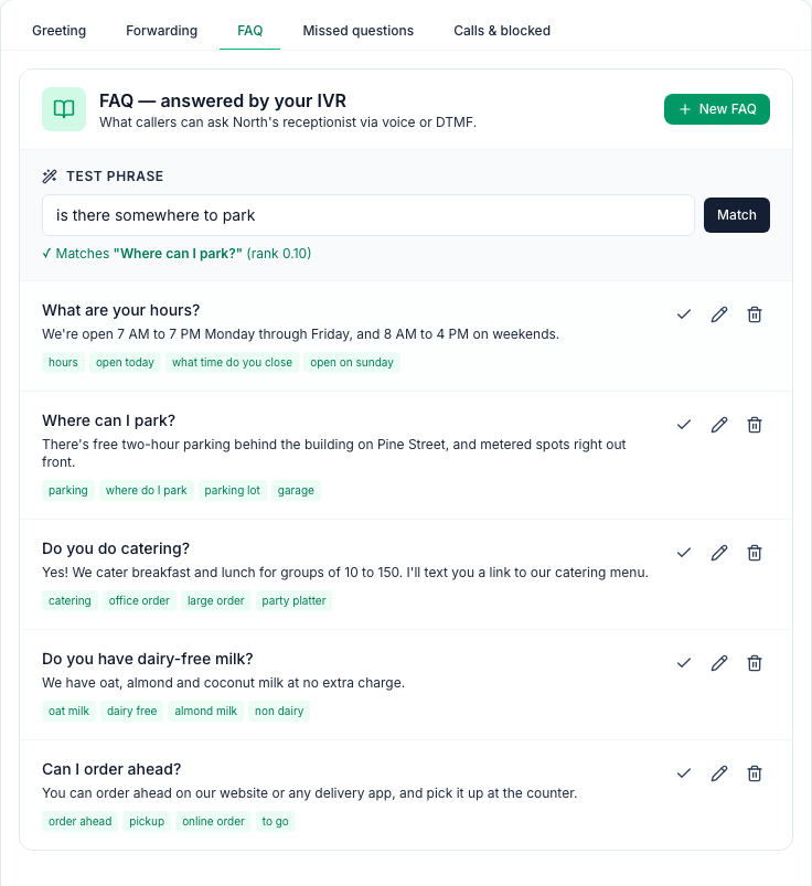 The FAQ tab: Test phrase is there somewhere to park matching Where can I park? (rank 0.10), and the FAQ list What are your hours?, Where can I park?, Do you do catering?, Do you have dairy-free milk? and Can I order ahead?, each with its trigger phrases
