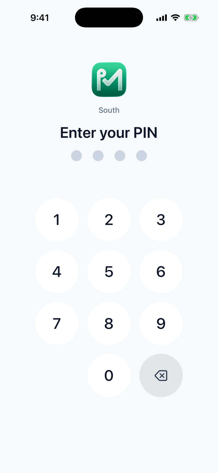 The kiosk keypad: the Mays logo, the location South, Enter your PIN, four empty dots and the number keys