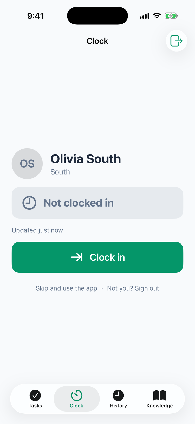 The kiosk Clock tab for Olivia South at South: Not clocked in, Updated just now, a green Clock in button, and Skip and use the app · Not you? Sign out, with the Tasks, Clock, History and Knowledge tabs