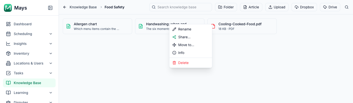 The Food Safety folder in the web knowledge base: two articles and a PDF shown as cards, with the Folder, Article, Upload, Dropbox and Drive buttons at the top and the Rename, Share…, Move to…, Info and Delete menu open on an article