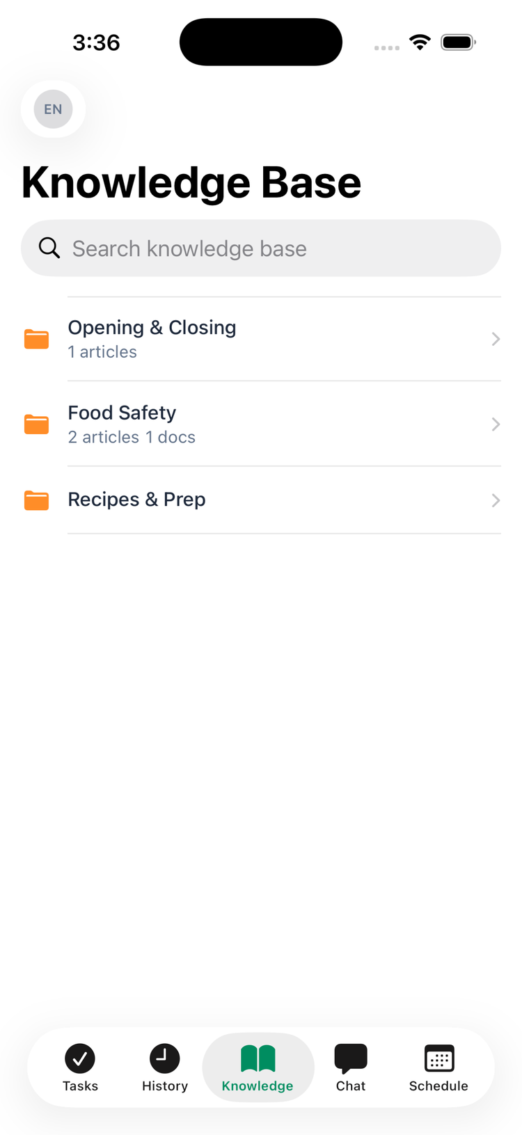 The Knowledge Base tab in the iPhone app with a Search knowledge base box and three folders: Opening & Closing, Food Safety with 2 articles and 1 doc, and Recipes & Prep
