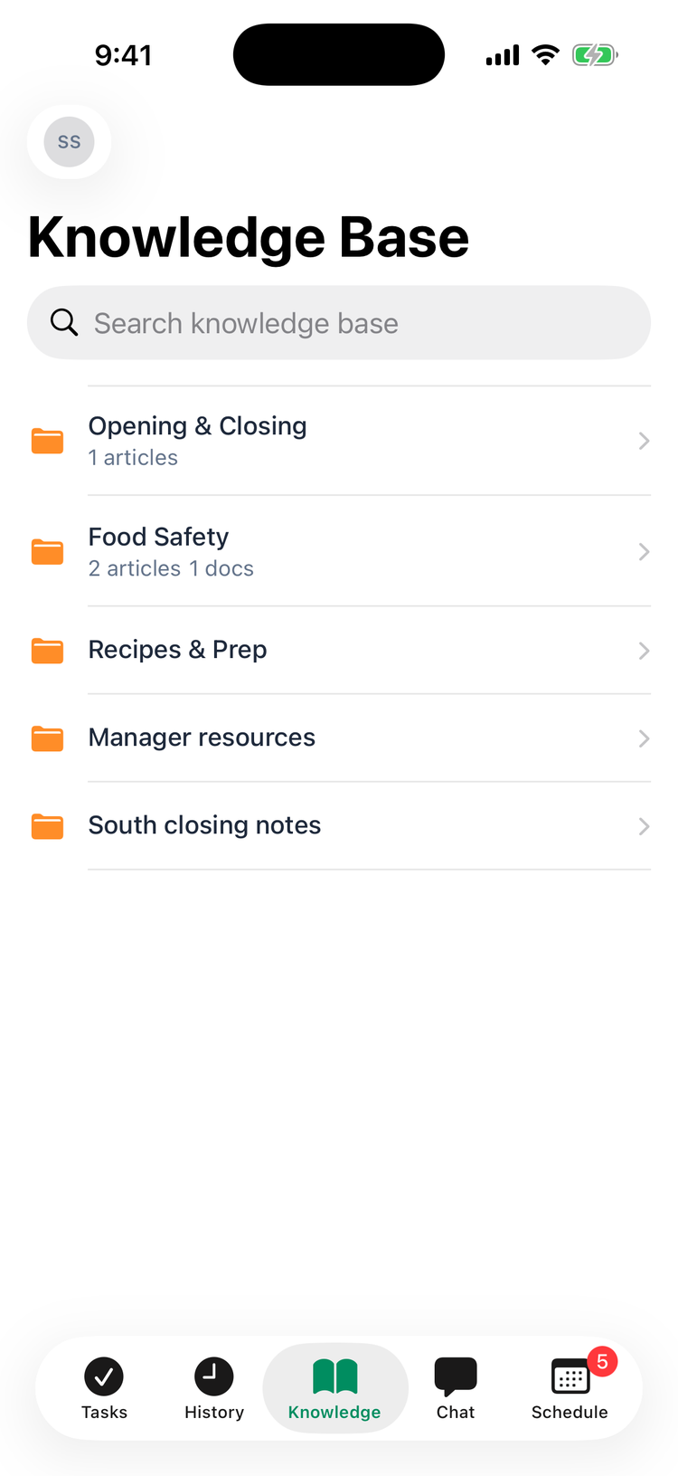 The Knowledge Base tab in the iPhone app for Sam, a manager at South: Opening & Closing, Food Safety, Recipes & Prep, Manager resources (shared with Managers) and South closing notes