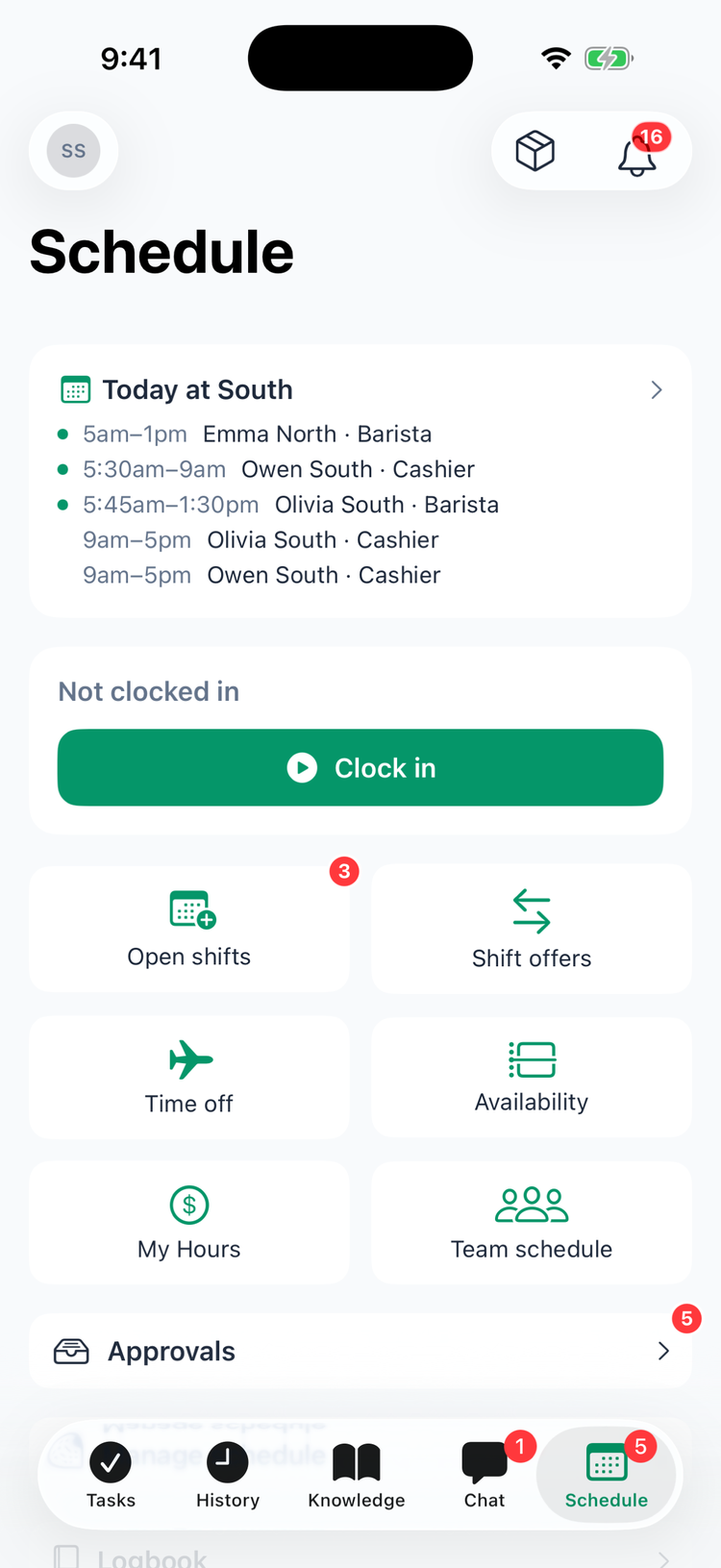The Schedule tab on iPhone for manager Sam South: the Today at South card listing today's shifts with green dots for the ones under way, Not clocked in with Clock in, the Open shifts, Shift offers, Time off, Availability, My Hours and Team schedule cards, and Approvals with a red 5