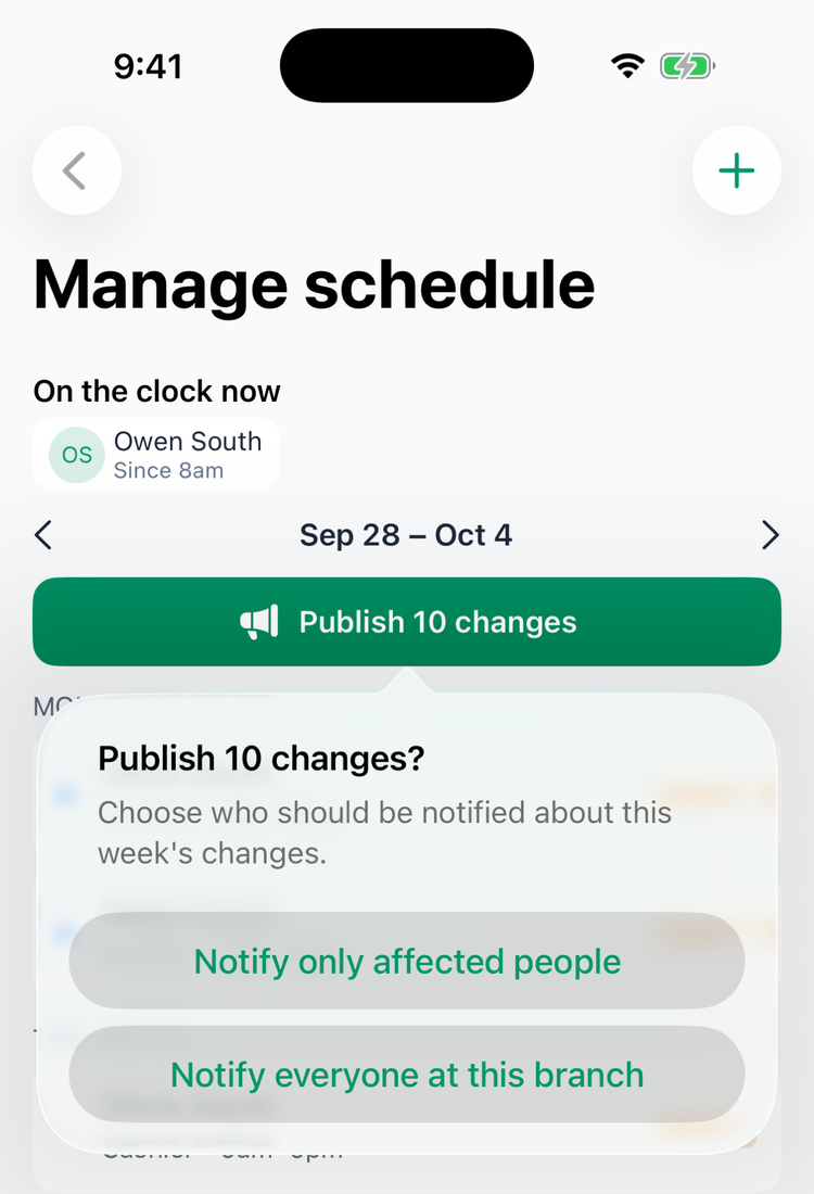 The publish confirmation on iPhone: Publish 10 changes? Choose who should be notified about this week's changes, with Notify only affected people and Notify everyone at this branch