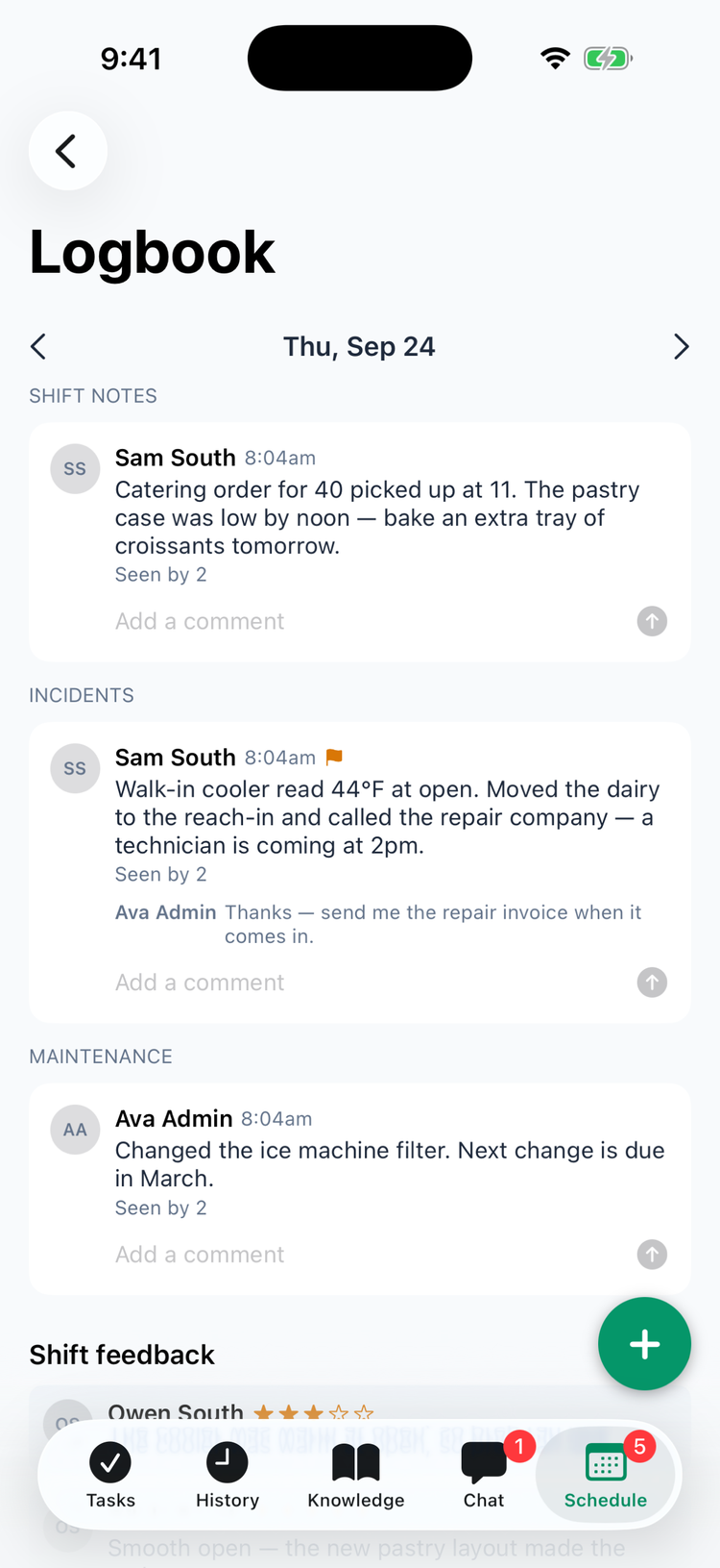 The Logbook in the iPhone app for Thu, Sep 24 with the Shift Notes, Incidents (with an orange follow-up flag and Ava Admin's comment) and Maintenance entries, each with Seen by 2 and an Add a comment field, the green + button, and Shift feedback starting below