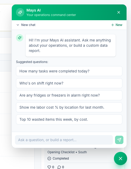 The Mays AI panel open over the dashboard: the welcome message, Suggested questions (How many tasks were completed today?, Who's on shift right now?, Are any fridges or freezers in alarm right now?, Show me labor cost % by location for last month., Top 10 wasted items this week, by cost.) and the Ask a question, or build a report box