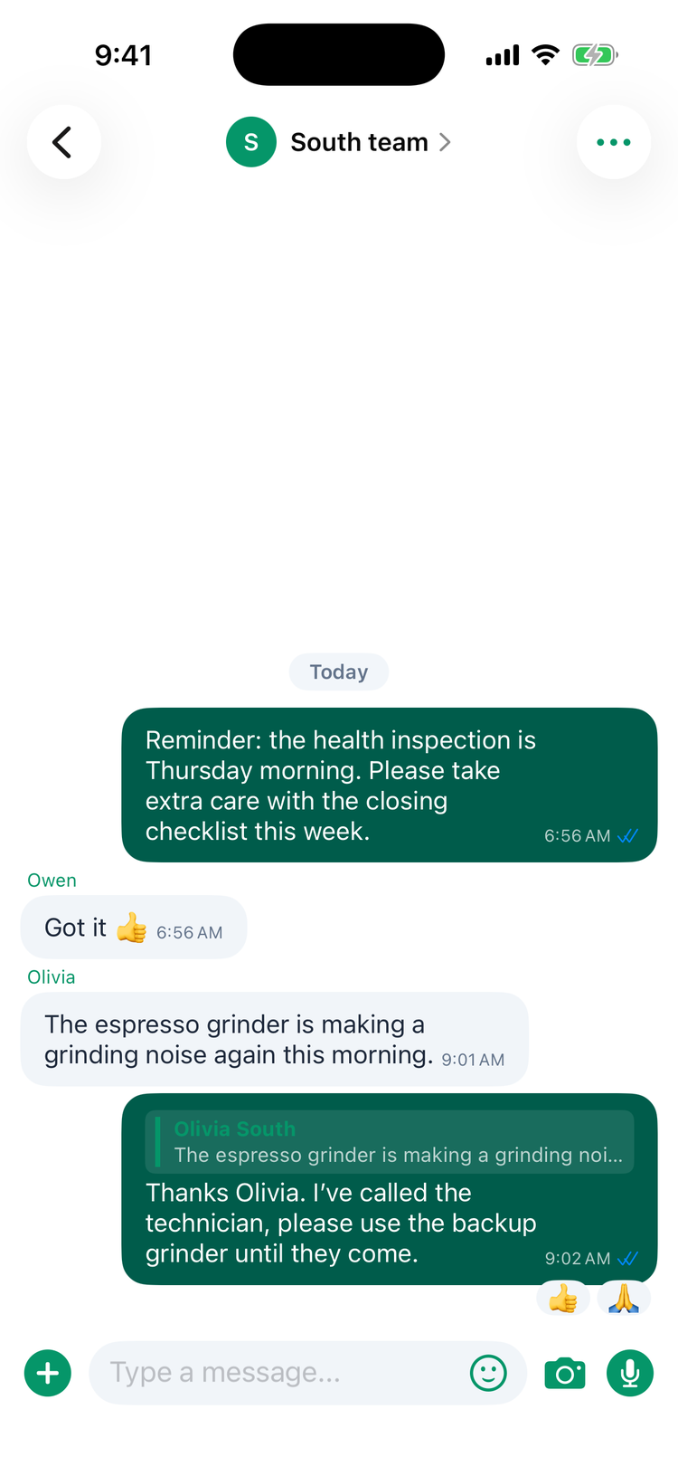 A group chat on iPhone with Olivia's message about the espresso grinder, Sam's reply quoting it with two blue ticks, and a thumbs-up and a folded-hands reaction under the reply