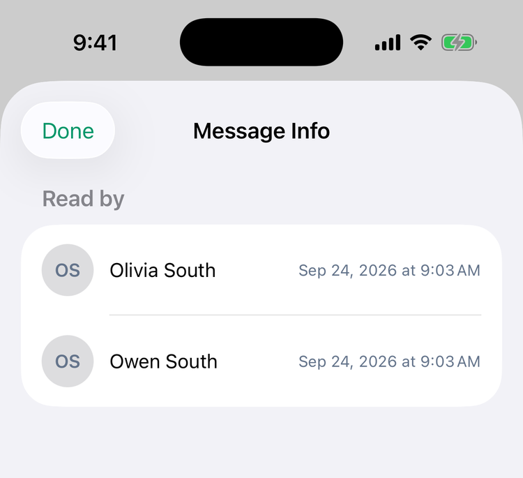 Message Info on iPhone: Read by Olivia South and Owen South, each Sep 24, 2026 at 9:03 AM