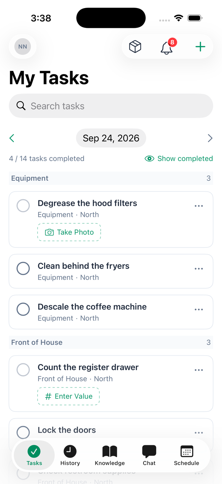 My Tasks in the app as a manager sees it: the profile picture top left, the inventory box, notification bell with a badge and the + button top right, the date bar, and the tab bar with Tasks, History, Knowledge, Chat and Schedule
