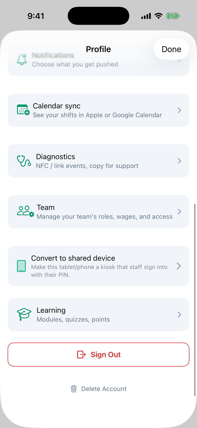 The rest of Profile on iPhone: Calendar sync, Diagnostics, Team, Convert to shared device and Learning, then the Sign Out button and Delete Account