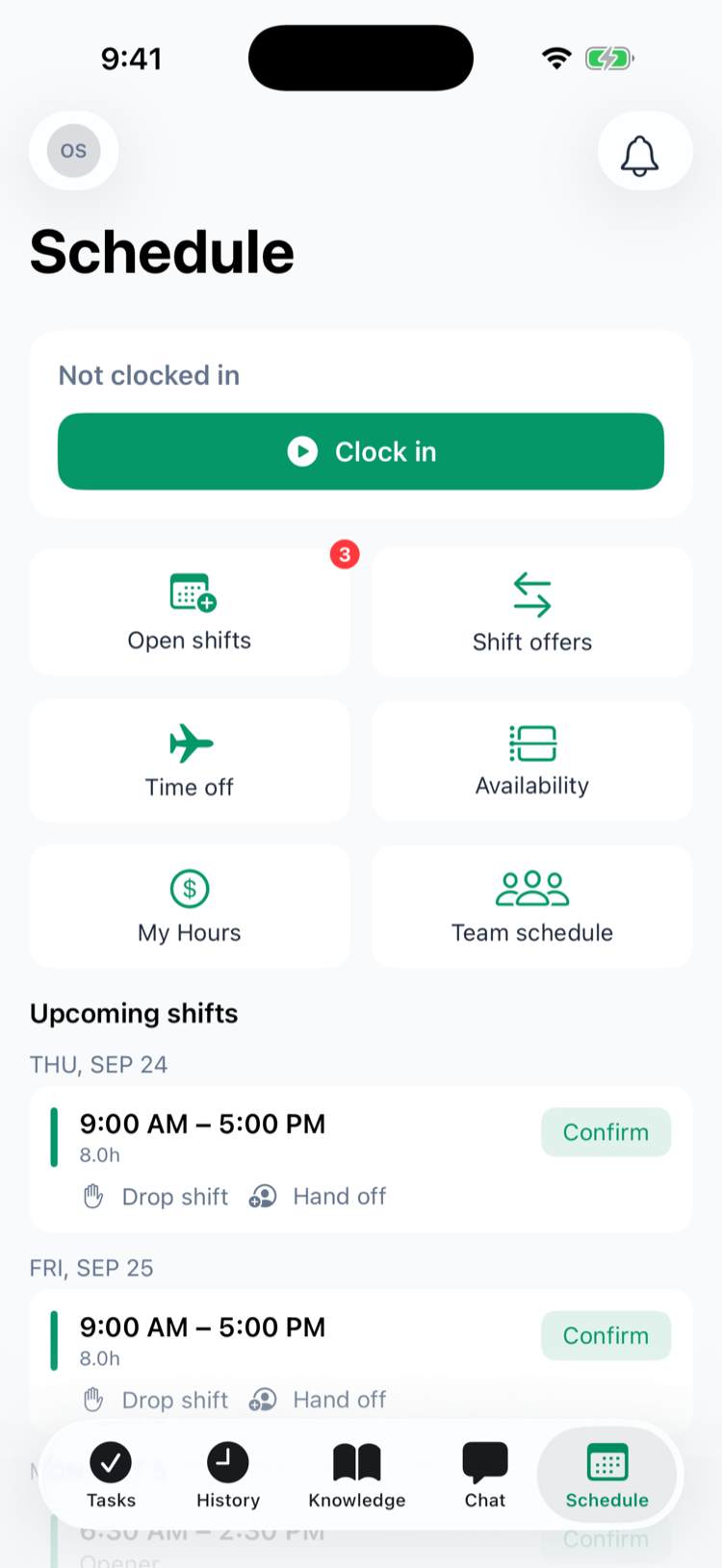The Schedule tab in the iPhone app: Not clocked in with a Clock in button, the Open shifts card with a red 3, Shift offers, Time off, Availability, My Hours and Team schedule, and Upcoming shifts starting on THU, SEP 24 with Confirm, Drop shift and Hand off