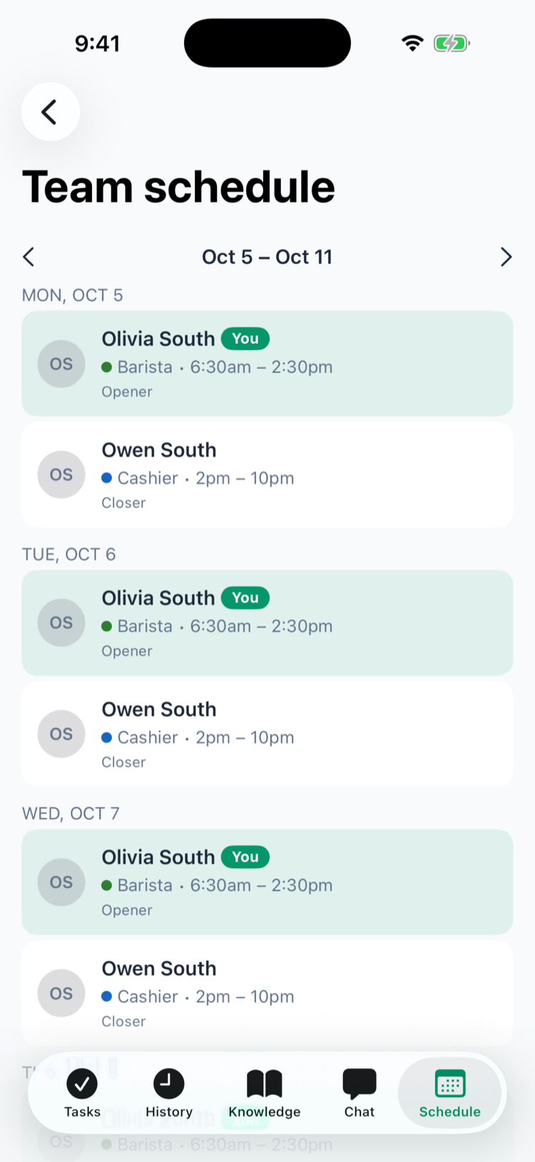 The Team schedule in the app for Oct 5 – Oct 11 with Olivia South marked You on Barista 6:30am – 2:30pm Opener shifts and Owen South on Cashier 2pm – 10pm Closer shifts, day by day