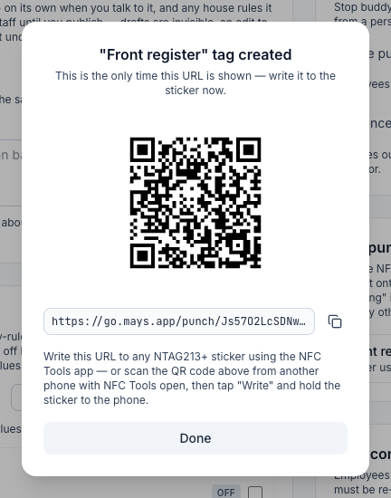 The tag-created window: "Front register" tag created, This is the only time this URL is shown — write it to the sticker now, a QR code, the tag's link with a copy button, instructions for writing it with NFC Tools, and Done