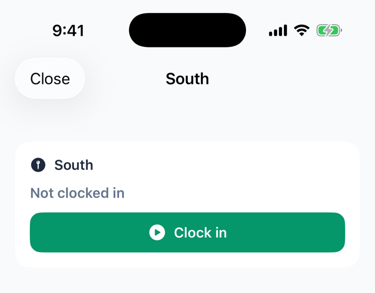 The tag's punch screen in the app: South, Not clocked in and a green Clock in button, with Close at the top