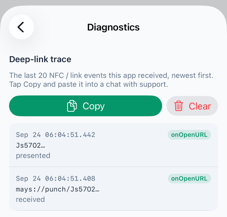 Diagnostics in the app: Deep-link trace, the last 20 NFC / link events this app received, a Copy and a Clear button, and two events — the link received and the punch screen presented